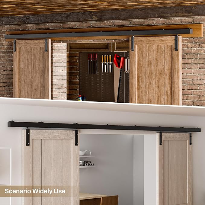 12FT/144'' Box Rail Exterior Sliding Barn Door Hardware Kit for Double Door Aluminium Alloy Wall Mount, Heavy Duty, NO Door Panel