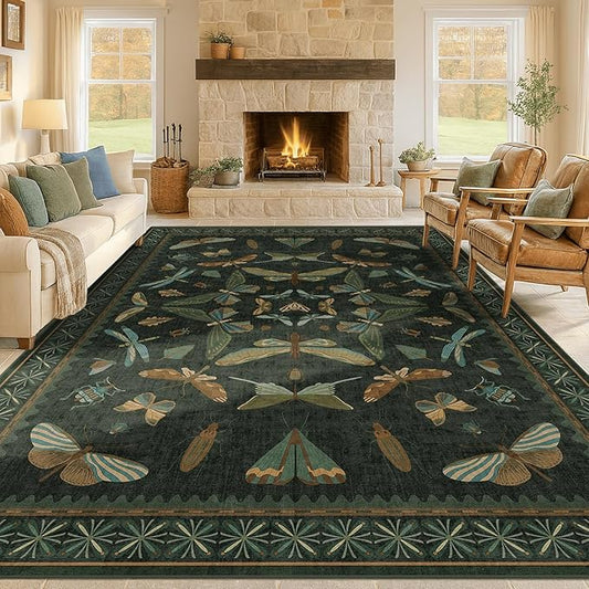 Green Living Room Rug - Vintage Washable Dark Green 10x14 Rug for Dining Room Under Table, Bedroom, Insect Moth Floral Design, Non-Slip Soft Low Pile