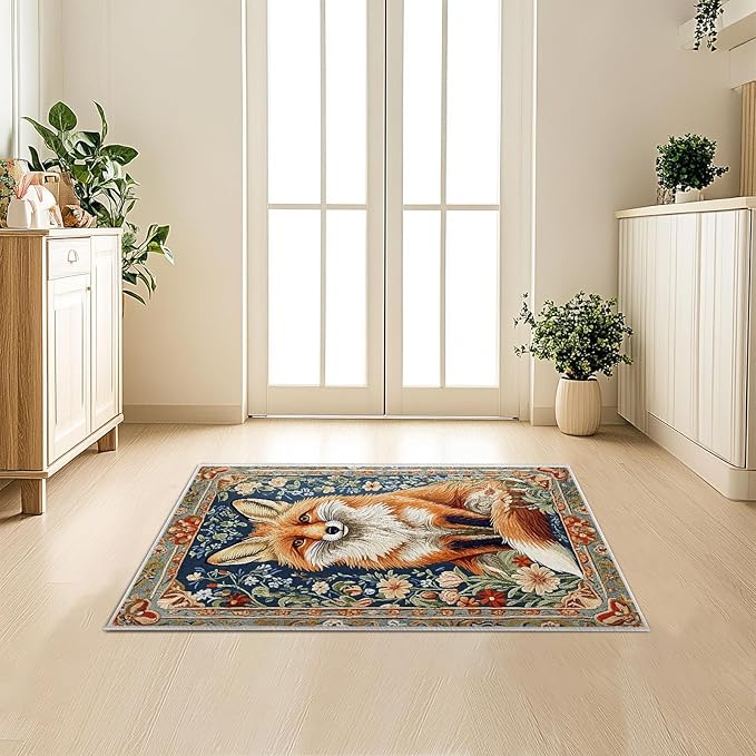 2x3 Fox Area Rugs Boho Floral Flower Rug for Bathroom Kitchen Entryway Indoor Soft Non-Slip Thin Hippie Carpet Small Doormat for Office Dining Room Under Table Washable Machine