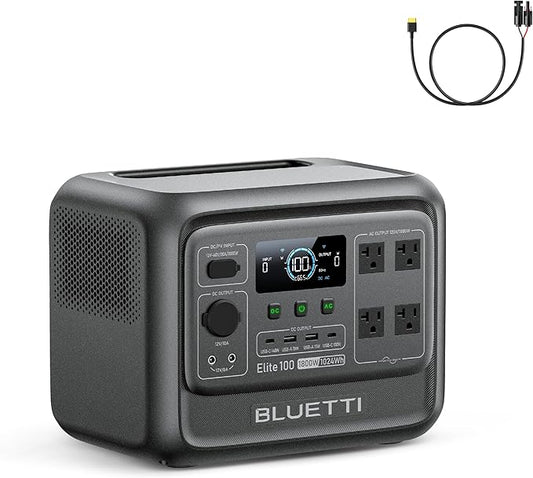 BLUETTI Elite 100 V2 Solar Generator and Solar Charging Cable, 1024Wh LFP Battery Portable Power Station w/ 4 1800W AC Outlets (3600W Surge) Backup, 35% Smaller for Camping, RV, UPS, Outages