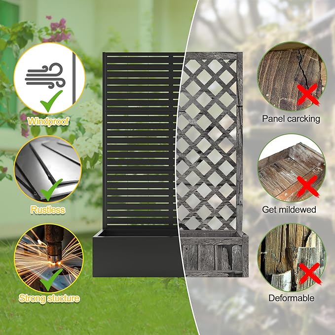 FENCY Metal Raised Garden Bed with Trellis, Metal Planter Box with Trellis, Garden Box for Climbing Plants Vegetable, 47" Lx16 Wx71 H Garden Bed with Drainage Holes(Black-Louvered)