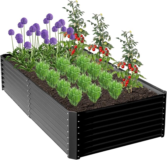 Domi 6x3x2ft Metal Raised Garden Beds Outdoor, Thickened Galvanized Steel Deep Root Planter Box with Stabilizing Bars & Rubber Edging for Vegetables, Flowers, Herbs - Dark Gray