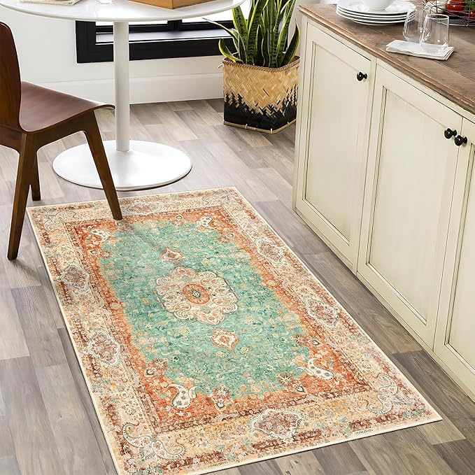 Small Rugs 2x3,Boho Rug for Entryway Bathroom Bedroom Kitchen Entrance Doormat,Vintage Bohemian Distressed Farmhouse Washable Accent Floor Throw Carpet Non Slip,Retro Orange Green Floral