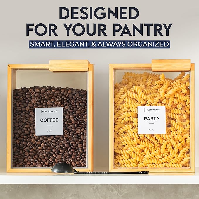HouseCorePro 2 Pack Bamboo Food Storage Containers – Large 2.75L Food Dispenser with Measuring Spoon, 18 Labels, 6 Freshness Stickers, Wood Pantry Organizers and Storage for Dry Goods, 9.50x7.25x4in.