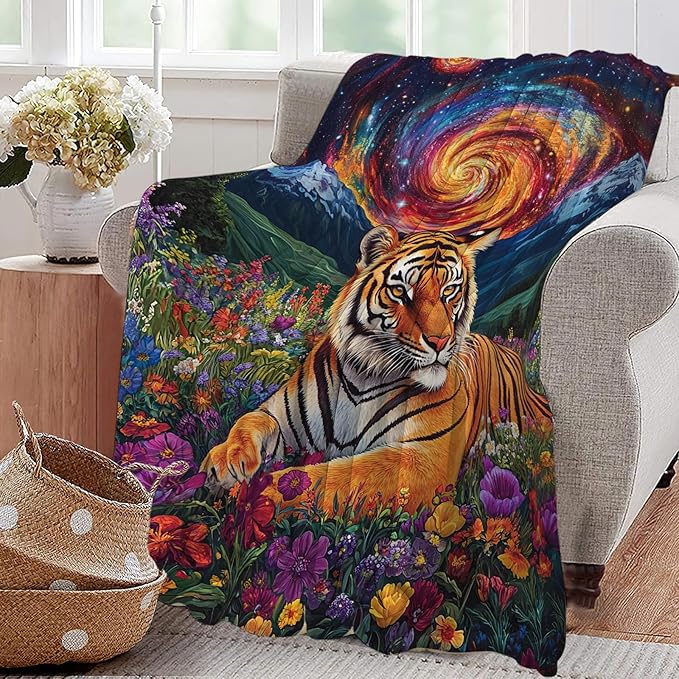 Tiger Blanket Starry Night Floral Animal Throw Blankets Gifts for Girls Boys Kids Tiger Lover Soft Cozy Fleece Plush for Couch Sofa Bed 80"x60"