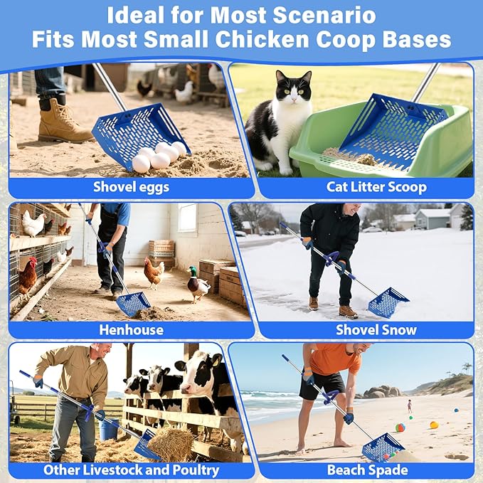 2 in 1 Chicken Poop Scooper & Rake, 10 Inch Sand Sifting Shovel with 35" to 62" Adjustable Stainless Steel Handle, Durable Litter Cleaner with Ergonomic Grip Gloves for Chicken Coop Farm Animal(Blue)