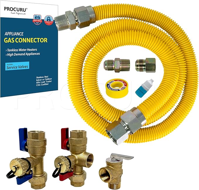 PROCURU 1" OD x 60" (5Ft) x 3/4"MIP x 3/4"FIP Flexible Gas Connector Kit, with Service Valve Kit (FxF), Weatherproof Stainless Steel MaxFlow Tubing for Tankless Water Heater (Blue-D1 Series)