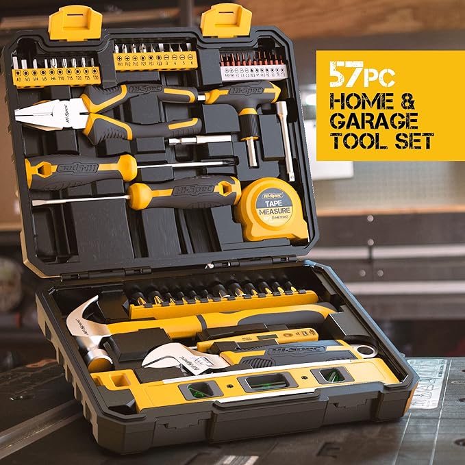 Hi-Spec 57pc Home Garage DIY Tool Kit Set. Complete Beginner Handyman and Home Mechanics Tool Box Set for Auto, Car, Bike and Household Repairs