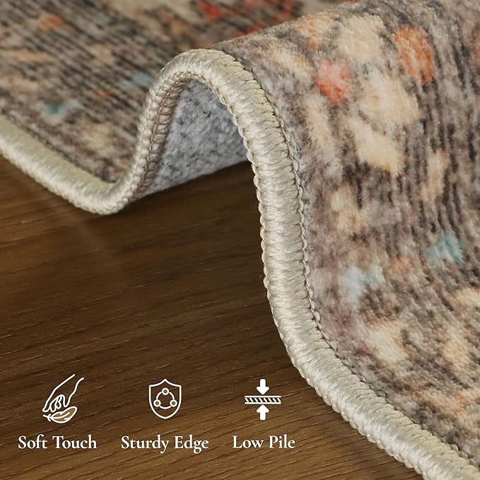 GENIMO 8x10 Area Rugs for Living Room, Machine Washable Non Slip Vintage Rugs, Low Pile Lightweight Chenille Print Rug for Bedroom, Dining Room, Home Office, Beige Khaki