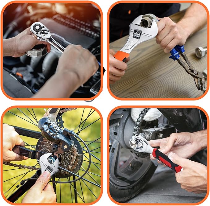 Lasnten 8 Pcs Universal Socket Wrench Set Including 8", 10", 12” Adjustable Wrench, 52 In1 and 48 In1 Dog Bone spanner, 1/4", 3/8", 1/2" Drive Ratchet spanner for Home Bicycle and Car Repair