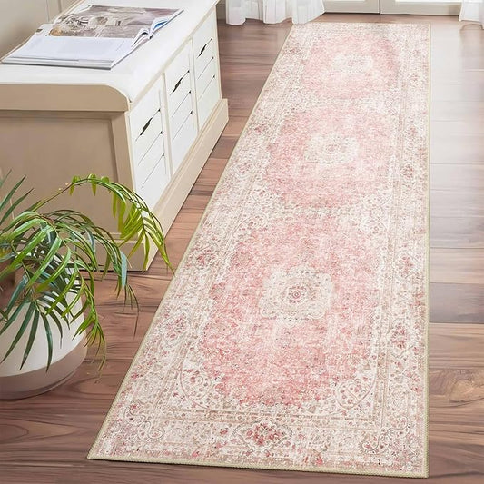 Washable Runner Rug 2x8,Pink Rug Runners Non Slip,Long Boho Rugs for Hallways Kitchen Bedroom Entryway Living Room Bathroom,Vintage Bohemian Distressed Floor Carpet,Blush