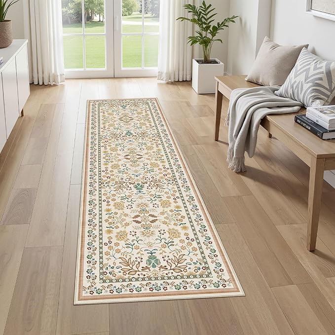 Runner Rug for Hallways Kitchen: 2x6 Washable Area Rug Boho Floral Soft Long Rug - Non-Slip Low Pile Throw Indoor Carpet for Entryway Kitchen Bedroom Laundry Bathroom - Brown