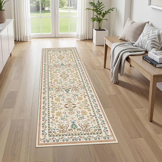 Runner Rug for Hallways Kitchen: 2x6 Washable Area Rug Boho Floral Soft Long Rug - Non-Slip Low Pile Throw Indoor Carpet for Entryway Kitchen Bedroom Laundry Bathroom - Brown