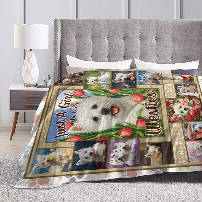 West Highland White Terrier Fleece Blanket Cute Westies Dog Throw Blankets for Girls Boys Super Soft Warm Flannel Animal Throws Gifts for Men Women Cozy Fuzzy Plush Stuffed Couch Bed Decor 80"X60"