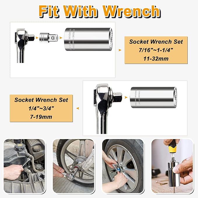 Universal Socket Wrench Set (11-32mm 7-19mm),super socket unscrew any bolt,Professional Sockets Tools with Power Drill & 3/8 inch Ratchet Wrench Adapter Chrome Vanadium Steel