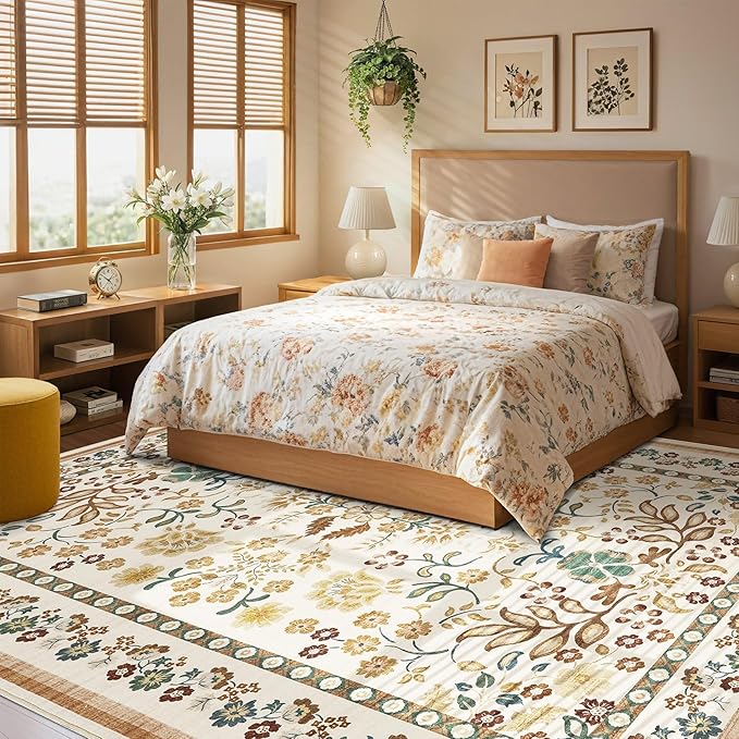 8x10 Area Rug Living Room Rugs - Washable Boho Vintage Floral Large Soft Non Slip Thin Rug Low Pile Carpet for Bedroom Dining Room Kids Playroom Office Decor Indoor- Brown