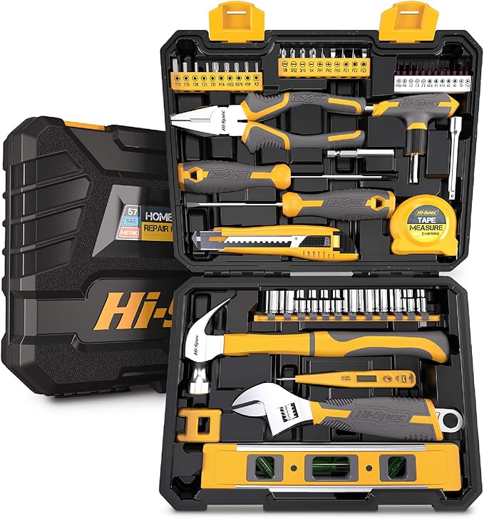 Hi-Spec 57pc Home Garage DIY Tool Kit Set. Complete Beginner Handyman and Home Mechanics Tool Box Set for Auto, Car, Bike and Household Repairs