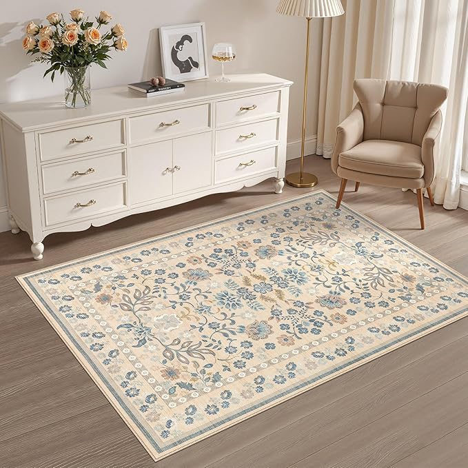 3x5 Area Rug Living Room Rugs - Washable Boho Vintage Floral Large Soft Non Slip Thin Rug Low Pile Carpet for Bedroom Dining Room Kids Playroom Office Decor Indoor- Multi Color