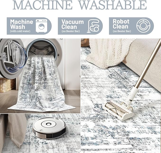 Madane 8x10 Area Rugs for Living Room, Machine Washable Vintage Rug with Non-Slip Backing, Soft Throw Large Rug, Thin Carpet for Bedroom Dining Room Farmhouse Under Table, Blue/Grey