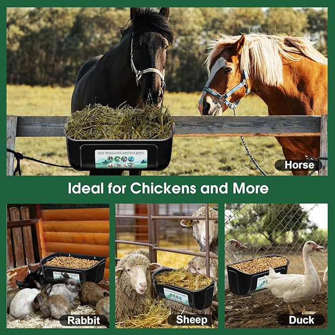 4 Pack Chicken Duck Feeder, Poultry Feeders and Waterers, Hanging Goat Feeder, Livestock Feeding Container, Feed Trough and Waterer Bucket with Clips(Black)