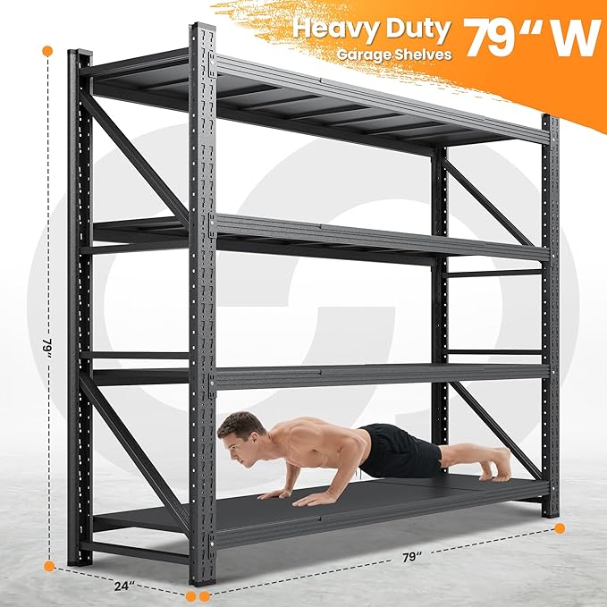 79”W Garage Shelving Heavy Duty, 7000LBS Metal Storage Shelves, 24” Deep Storage rack shelf, Steel Tall Industrial Shelving , 4 Tier Adjustable Standing Shelf for Warehouse / Shop 79"W x 24"D x 79"H