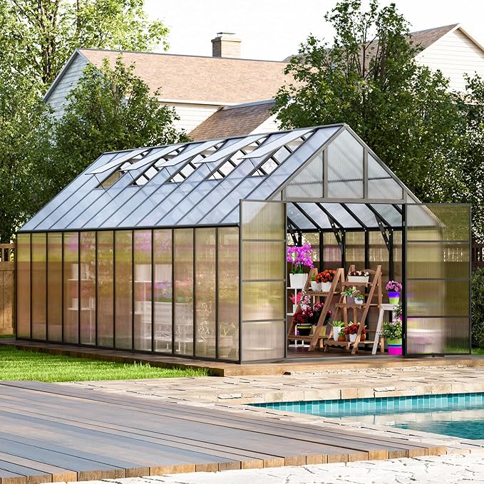 10'x10'x24' Snap-Together Greenhouse - Easy 3-Way Connectors, Heavy-Duty Aluminum Frame, Wind/Snow Resistant for Gardening/Urban Farming, Includes Sliding Door & Ventilation Windows
