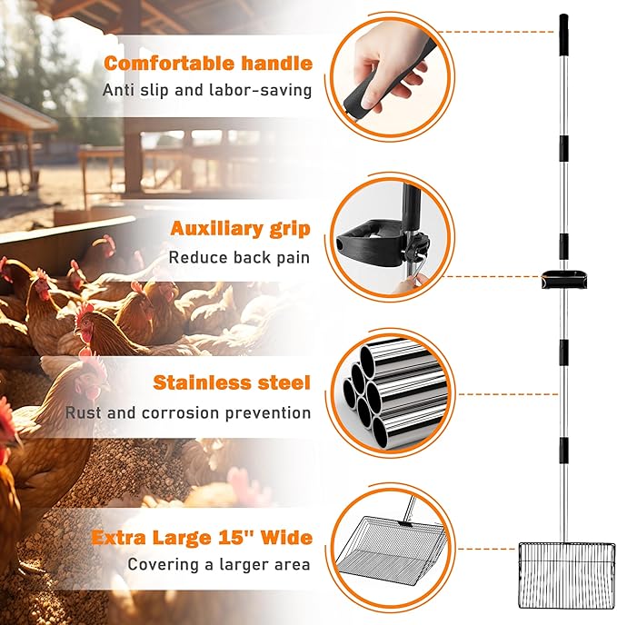 Extra Large Chicken Poop Scooper – 15'' Wide Stainless Steel Litter Cleaner, 5-in-1 Adjustable Handle (37-77 Inch), for Chicken Coops, Poultry Barns, Durable Farm & Outdoor Tool