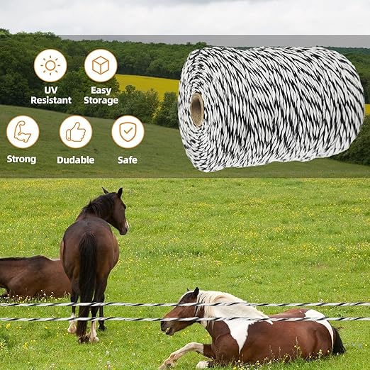 Electric Fence Polywire, 656ft (200m), 3 Aluminum Strands, UV-Resistant PVC, 0.1in (2.5mm) Diameter, 256 lbs Tensile Strength, for Livestock and Rotational Grazing, White and Black