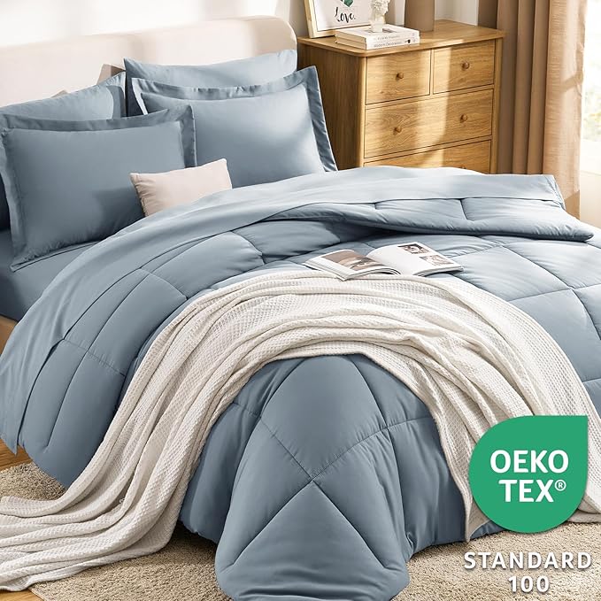 CozyLux King Size Comforter Set Grayish Blue - 7 Pieces Bed in a Bag King, Okeo-Tex Certifited Bedding Set, All Season Soft Bed Set with Down Alternative Comforter, Sheets, Pillowcases & Pillow Shams
