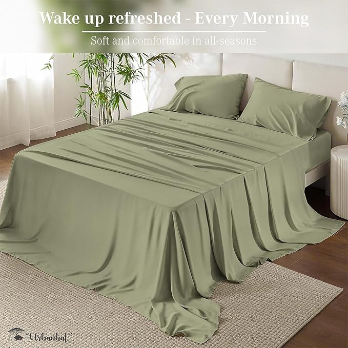 URBANHUT 1000 Thread Count Full Size Egyptian Cotton Sheets, Long Staple Soft & Breathable, 4 Pc Bed Sheet Sets, Sateen Finish Luxury Hotel Bedsheets Fits 16" Deep Pocket - Sage