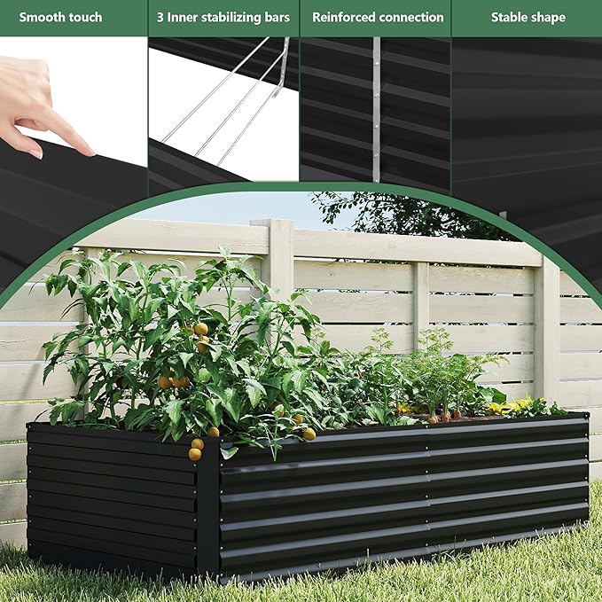 FOOWIN 4pcs 6x3x2ft Galvanized Raised Garden Bed, Planter Raised Garden Boxes Outdoor, Large Metal Raised Beds for Gardening, Garden Bed for Vegetables, Flowers, Herb,269 Gallon Capacity, Black