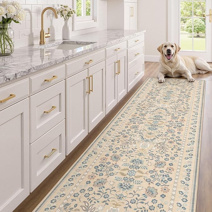3x12 Runner Rug for Hallways Kitchen: 3x12 Washable Area Rug Boho Floral Soft Long Rug - Non-Slip Low Pile Throw Indoor Carpet for Entryway Kitchen Bedroom Laundry Bathroom- Multi Color