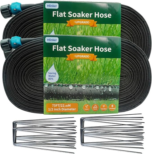 2025 Flat Soaker Hose 150 ft (75ft 2Packs) with Stake for Garden, Linkable Drip Hose Diy Automates Garden Irrigation System Saving 89% Water, Dual-layer Leak-free Design Water Hose with Holes