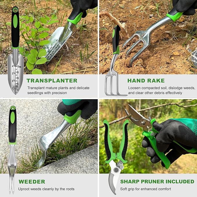 11-Piece Gardening Tools Set for Women, Heavy Duty Gardening Hand Tools, Outdoor Gardening Hand Tools with Non-Slip Green Rubber Handle. Indoor mini Gardening Potting Set (7) (Gray)