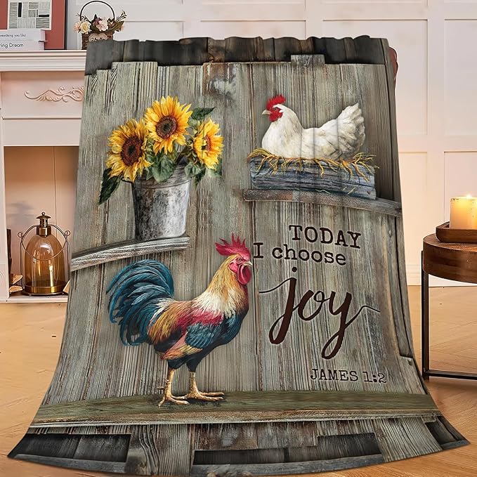 Dynova Rooster Blanket Cozy Plush Chicken Hen Throw Blankets Fuzzy Flannel Fleece Country Sunflower Gifts for Girls Boys Women Men 50"X40"