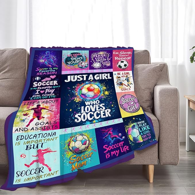 Soccer Blanket Gifts for Girls Women Soft Warm Plush Soccer Sports Throw Blanket Flannel Fleece Fuzzy Sport Blanket for Kids Lovers Bed Couch Living Room Decor 80"X60"