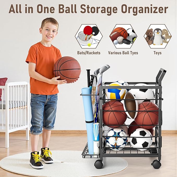 Sports Equipment Garage Organizer,Garage Ball Storage Rack for Sports with Wheels-Upgraded 3 Layers Organizer Rack Outdoor Basketball Racks for Balls with Holder and Hooks (Dark Black)