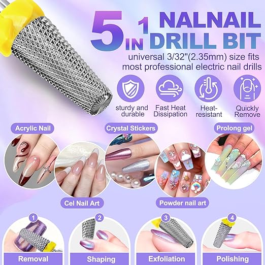 Fantexy 3/32" Carbide Nail Drill Bit - Remove Acrylic Hard Gels Quickly and Safely, 5-in-1 Tungsten Carbide Nail Drill Bit for Nail Art,Manicure,Pedicure,Gel,Cuticle Clean(3 Extra Fine - 3XF)