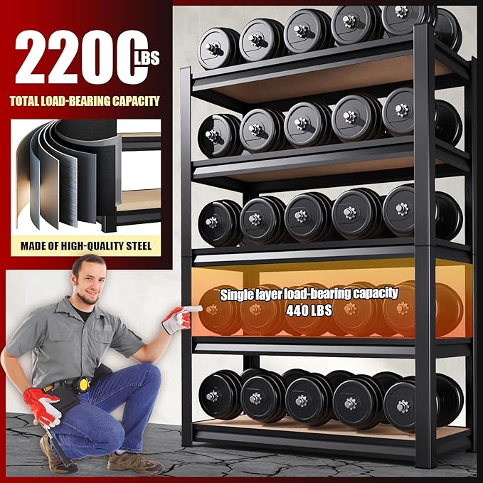 72''H Garage Shelving Heavy Duty 5-Tier Adjustable Storage Shelves Unit,2020 LBS Metal Wood Utility Rack Shelf for Industries, Warehouses, Basement,Black (72'H x 36''W x 16.1''D)