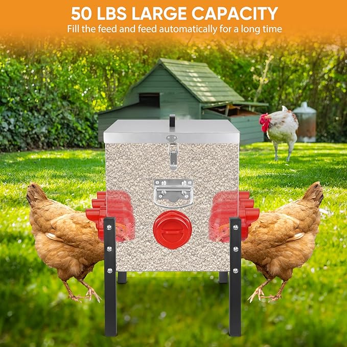 TGEYD 50LB Large Automatic Chicken Feeder – 8 Feeding Ports, No-Waste Poultry Feeder, with Adjustable Legs & Locking Lid