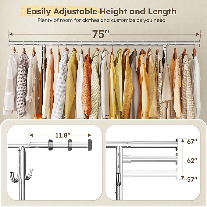 Raybee 75" W Heavy Duty Clothes Rack Load 450 LBS, Metal Garment Storage with Shelf, Lockable Wheels & Anti-Slip Stoppers, Rolling Clothing Rack for Bedroom Laundry Room