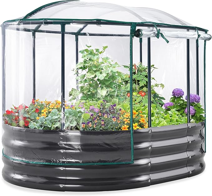 KING BIRD Raised Garden Bed with Cover Galvanized Oval Planter Garden Box Outdoor for Gardening, Vegetables, Flowers 47.2x35.4x11.8 in, Clear