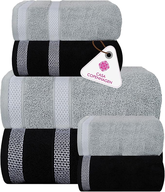 CASA COPENHAGEN Solitaire Mix 6 Pieces Towel Set- Grey Violet + Black, 600 GSM 2Bath Towel 2Hand Towel 2Washcloth, Designed in Denmark Made of Soft Egyptian Cotton for Bathroom, Kitchen & Shower