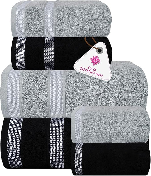 CASA COPENHAGEN Solitaire Mix 6 Pieces Towel Set- Grey Violet + Black, 600 GSM 2Bath Towel 2Hand Towel 2Washcloth, Designed in Denmark Made of Soft Egyptian Cotton for Bathroom, Kitchen & Shower