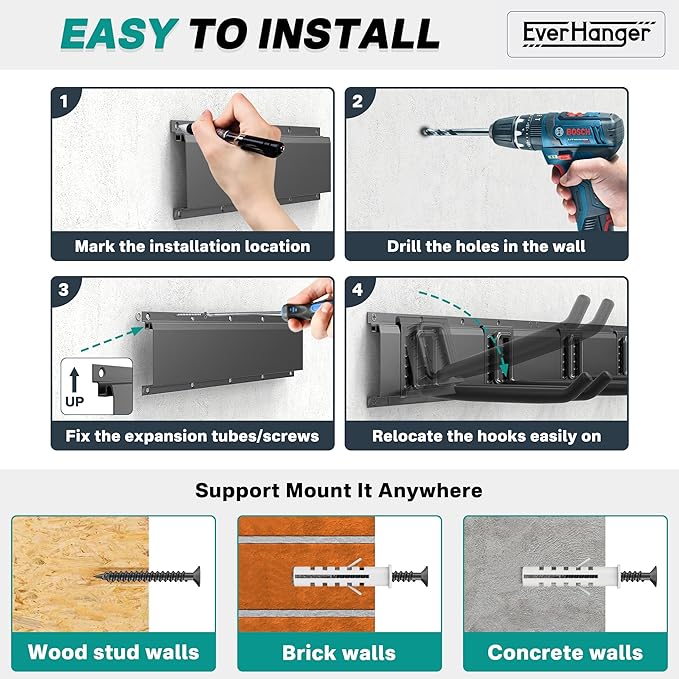 EVERHANGER Garage Tool Storage Organizer, Wall Mount Garden Tool Rack Organization, Heavy Duty Folding Chair Hangers with 12 Adjustable Hooks, Max Load 900lb, 96inch