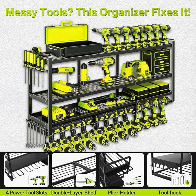 49" Heavy Duty Wall Mount Power Tool Organizer, 4-Tier Storage Rack with 12 Drill Holders & Battery Shelves, 600LBS Capacity for Garage Workshop