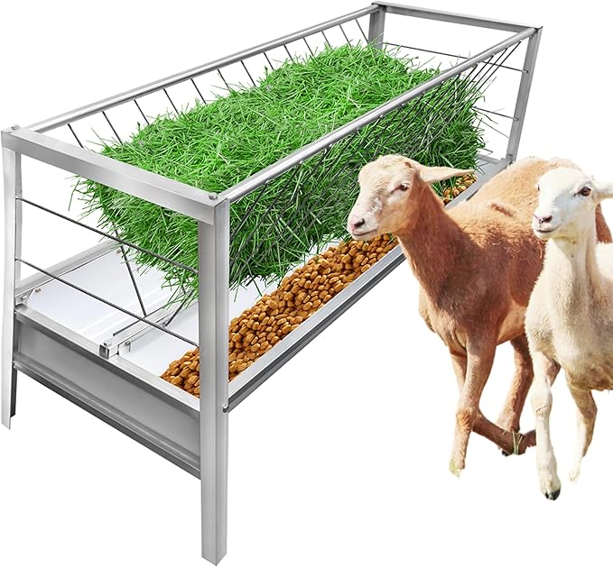 99 Gallon Pasture Hay Feeder, 2 in 1 Stainless Steel Goat Hay Feeder with Deeper Feeding Pan for Goat Sheep Horse, Detachable Livestock Feeder Ease of Assembly in Farm Outdoor, Silver