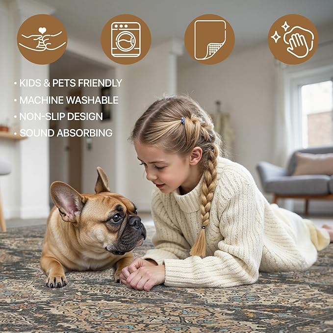 GENIMO 6x9 Area Rugs for Living Room, Machine Washable Low Pile Rugs, Chenille Non Alip Vintage Rug for Bedroom, Dining Room, Home Office, Charcoal Tan