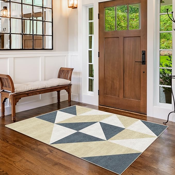 Washable Blue and Gold Modern Area Rugs for Living Room Bedroom Dinning Room Kitchen 3x5 Geometric Abstract Non Slip Low Pile Indoor Floor Small Carpet