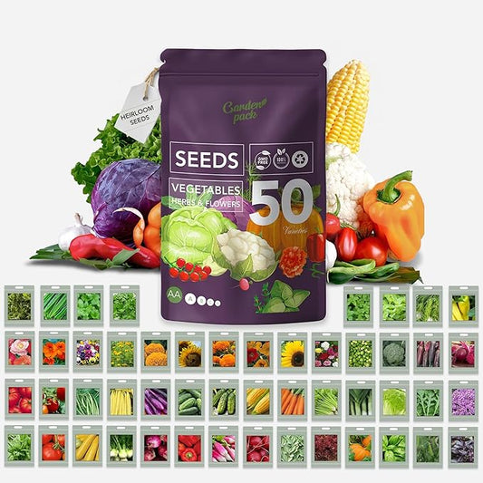 Garden Pack Vegetable Seeds Pouch - 50 Varieties of Vegetable, Herb & Flower Seeds for Planting - 25,000 Non GMO Heirloom Seeds - Gardening Gifts for Men and Women